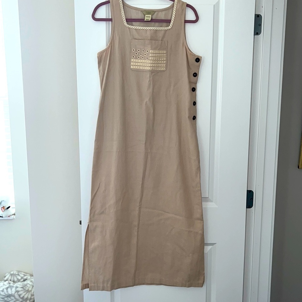 Vintage Monochrome Maxi Dress Camel Tan Rayon American USA Flag 90s Womens S